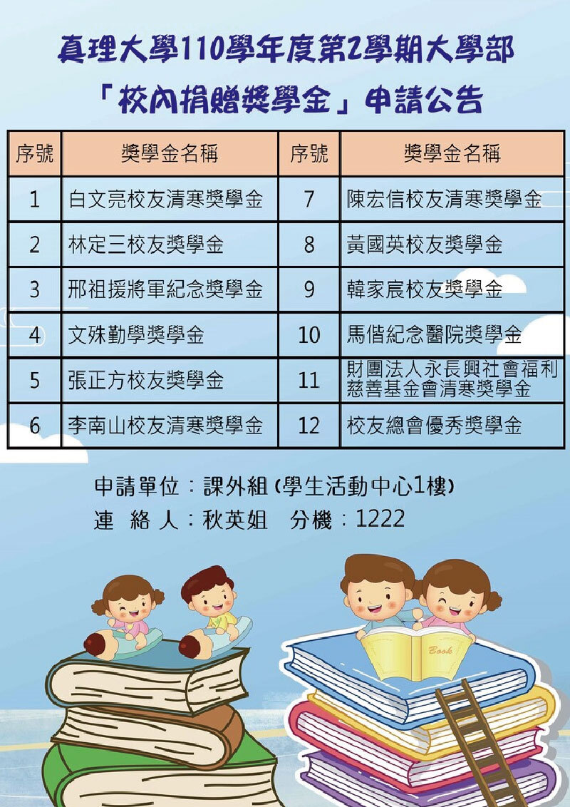 110 學年度第2學期大學部「校內捐贈獎學金」申請辦法(宣傳海報)