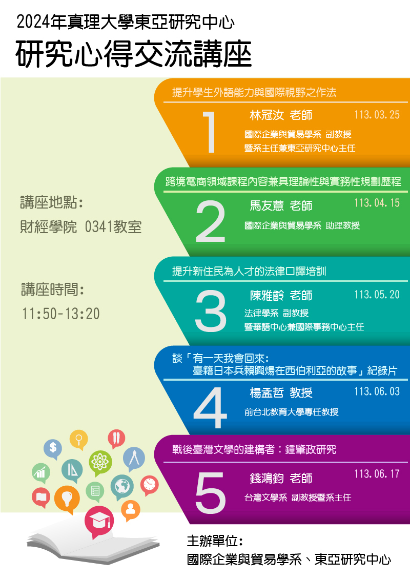 2024年真理大學東亞研究中心 ：研究心得交流講座(宣傳海報)