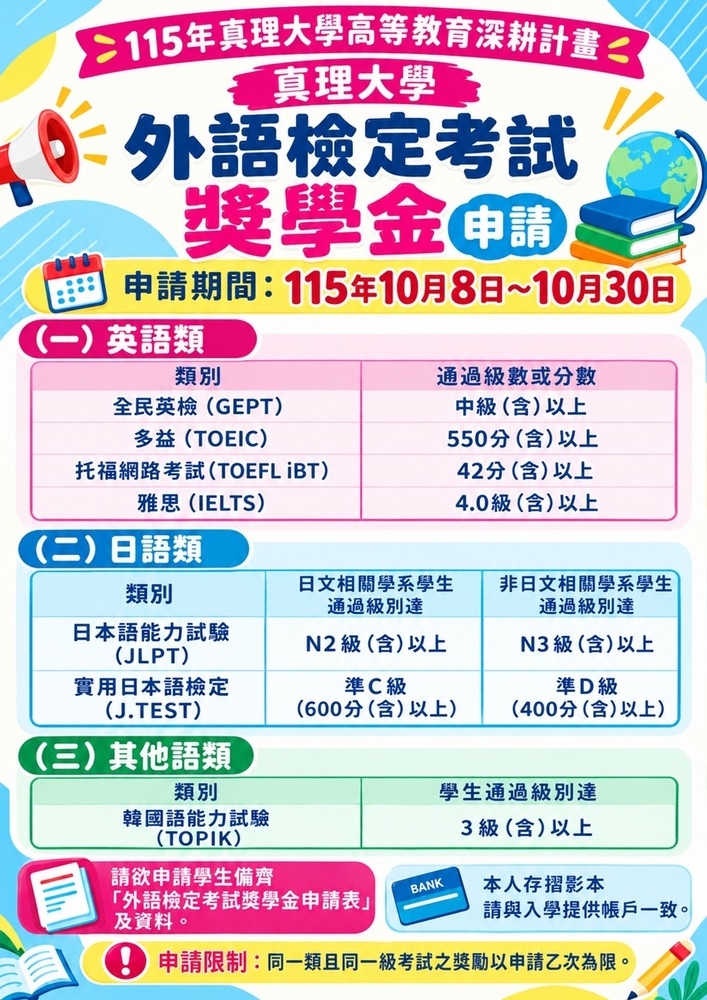 外語檢定考試獎學金 (2026.10.30截止申請)圖片