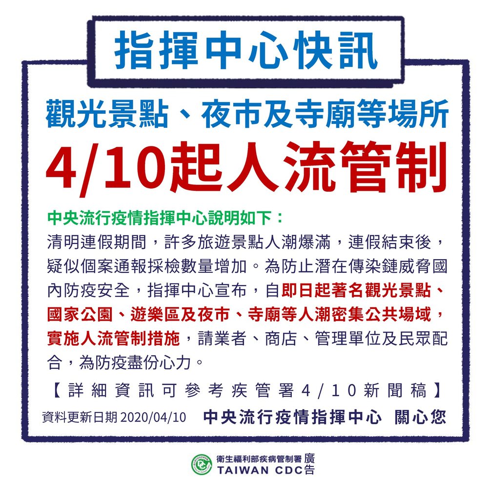 觀光景點、夜市及寺廟等，4月10日起人流管制圖片