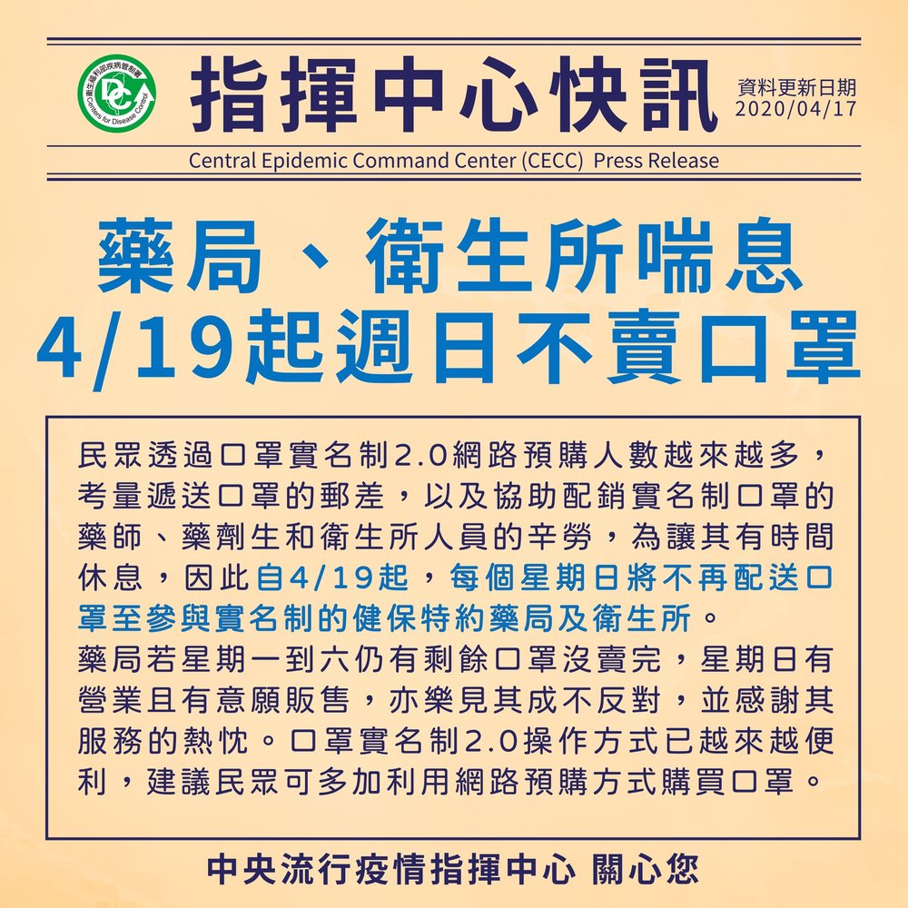 藥局、衛生所喘息，4月19日起週日不賣口罩圖片